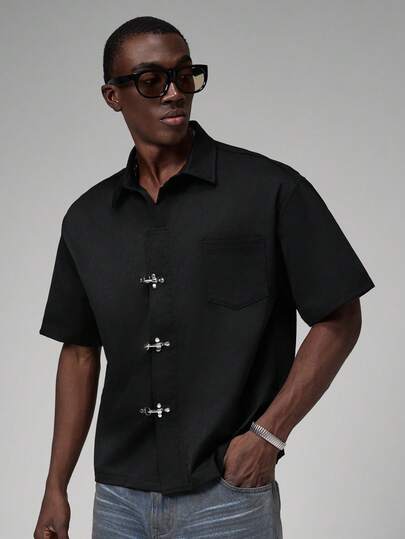 STYNVO Black Solid Color Casual Business Men's Shirt With Airplane Buckle Decor