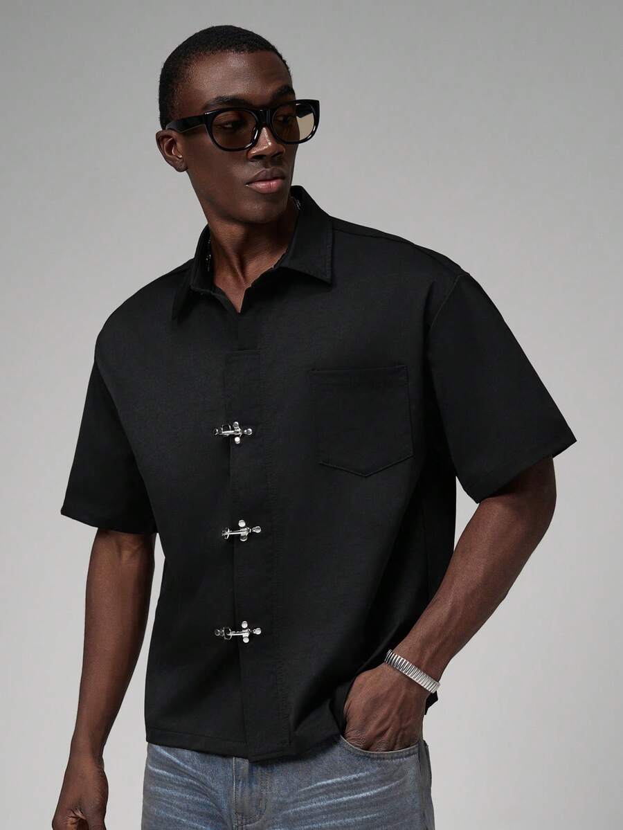 STYNVO Áo sơ mi nam công sở màu đen trơn, kiểu dáng thường ngày, có khóa hình máy bay. - màu đen - Xem 1