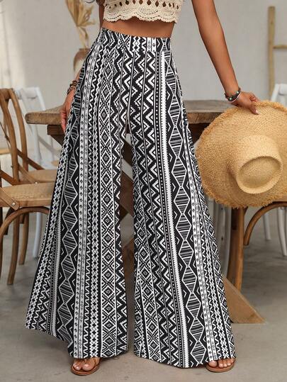 SHEIN Women's Black & White Pattern Print Wide Leg Pants, Relaxed Bohemian Style Suitable For Vacation, Casual, Beach, Street, Daily Commute, Sexy, Romantic, Business, Dates, Festivals
