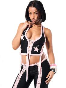 SUMWON WOMEN 星形印花撞色包边系带露背短款上衣，粉色饰边细节，系带闭合 - 粉色 - 查看 1