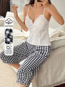 DAZY Bộ đồ ngủ mùa hè dành cho nữ, gồm áo hai dây phối ren và quần pajama kẻ caro. - trắng - Xem 3