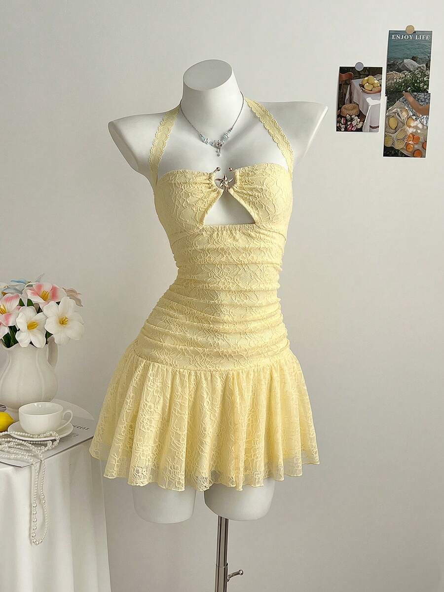 Elamini Sexy & Elegant Pale Yellow Lace Sleeveless Halter Tie Waist A-Line Mini Dress, Slim Fit, Spring/Summer Vacation - Yellow - View 1