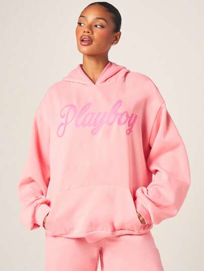 Missguided x Playboy 女士超大粉色连帽衫，印花长袖，毛毯针脚细节，套头衫，休闲街头风。