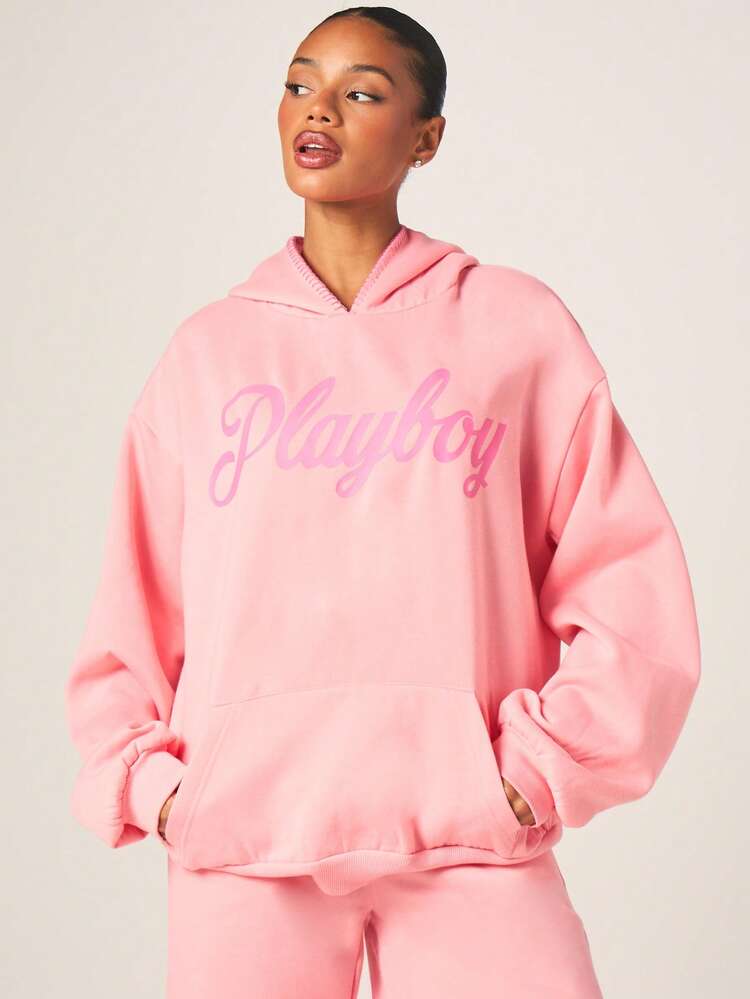 Missguided x Playboy Women Oversized Pink Hoodie With Script Print Long Sleeve Blanket Stitch Detail Pullover Top Casual Streetwear