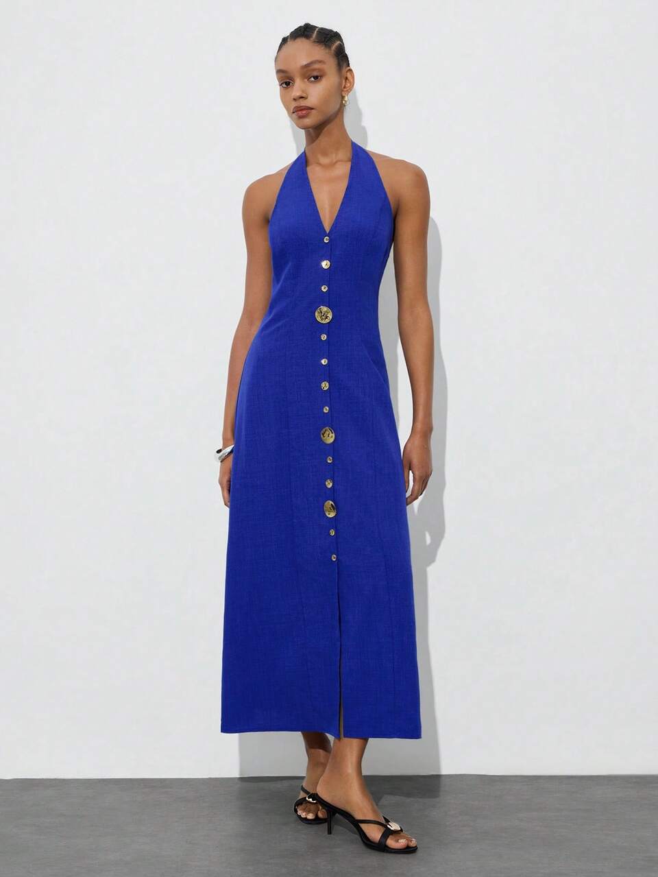 SHEIN Maija Women's Elegant Royal Blue Long Dress,Summer Vacation Beach Midi Dress,Unique Metal Design V-Neck Backless Graduation Outfit Party Holiday Outfits