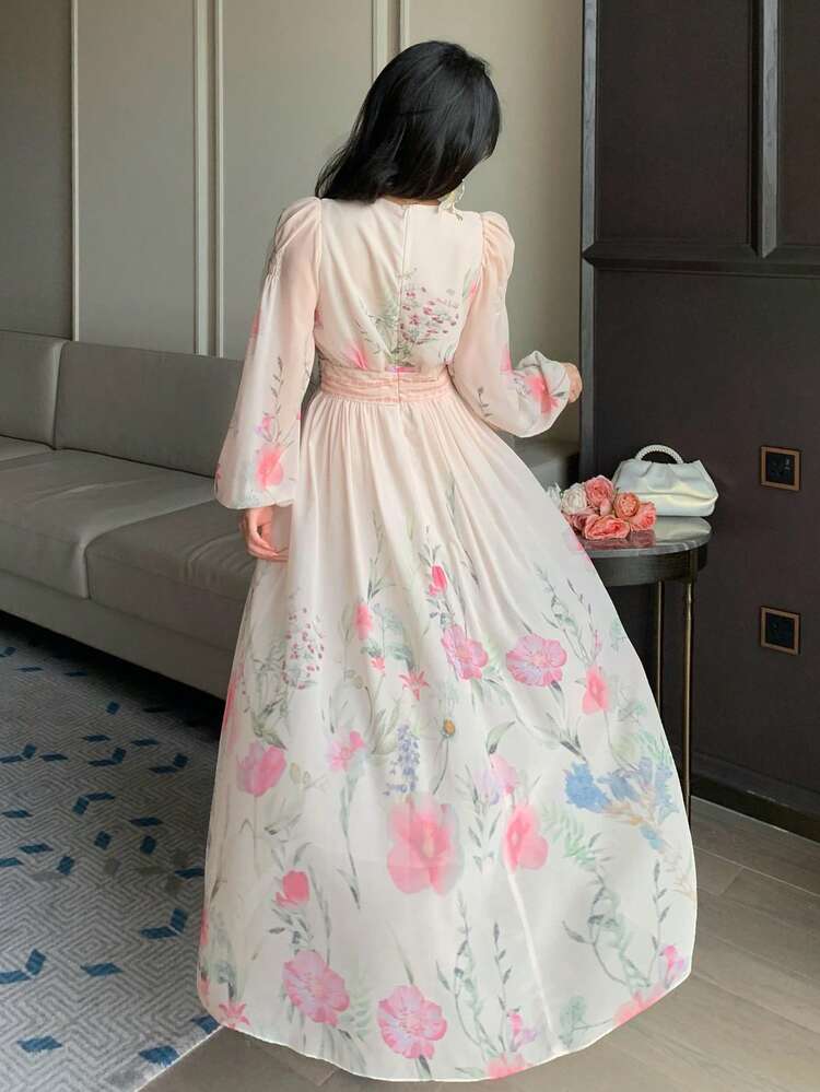Women's Shallow Pink V-Neck Waist Flared Skirt Design Fresh All-Over Ditsy Floral Lantern Sleeve Ruffle Hem Dress, Spring & Summer