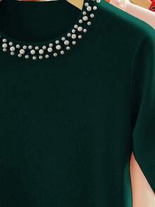 INAWLY Elegant Commuter Pearl Decor Solid Color Long Sleeve T-Shirt, Autumn - Green - View 6