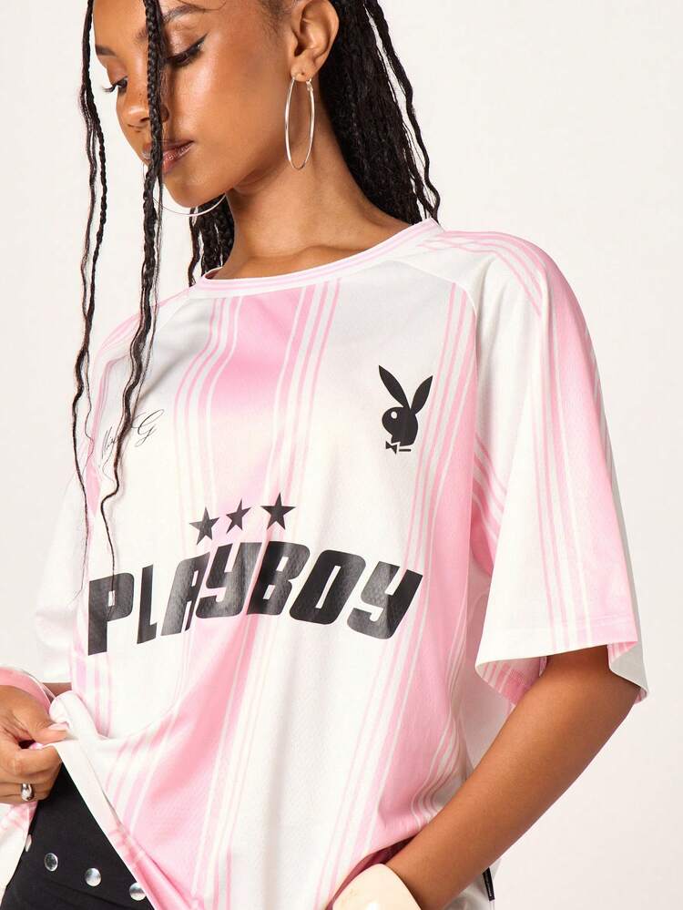 Missguided x Playboy Oversized Striped Jersey T Shirt With Iconic Bunny Logo And Three Star Print Detail Casual Streetwear Top