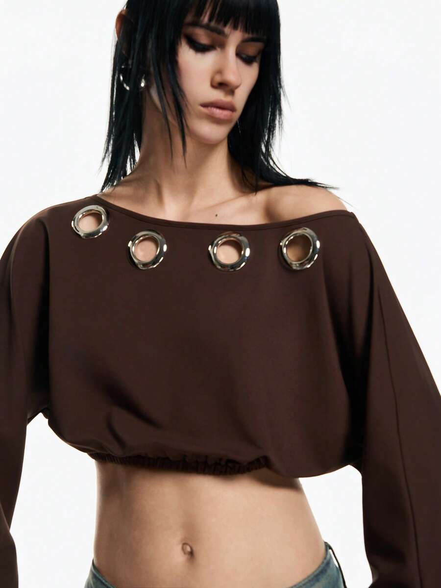 Airlisse 女士露背系带露肩短款长袖卫衣，春夏款 - 咖啡棕 - 查看 1