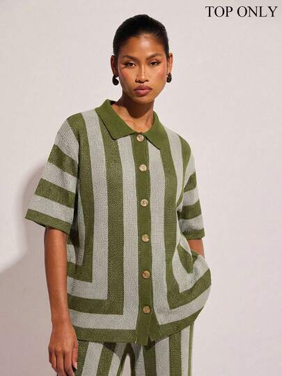 COSMINA Women's Casual Vacation Contrast Color Striped Front Button Short Sleeve Knit Top, Summer