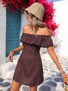 Vivid Eden 女士休闲浪漫度假波点印花露肩连衣裙，春夏款 - 棕色 - 查看 3