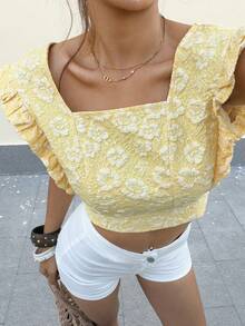 Elyressa Women's Floral Jacquard Square Collar Cap Sleeve Cropped Shirt - Yellow - View 2