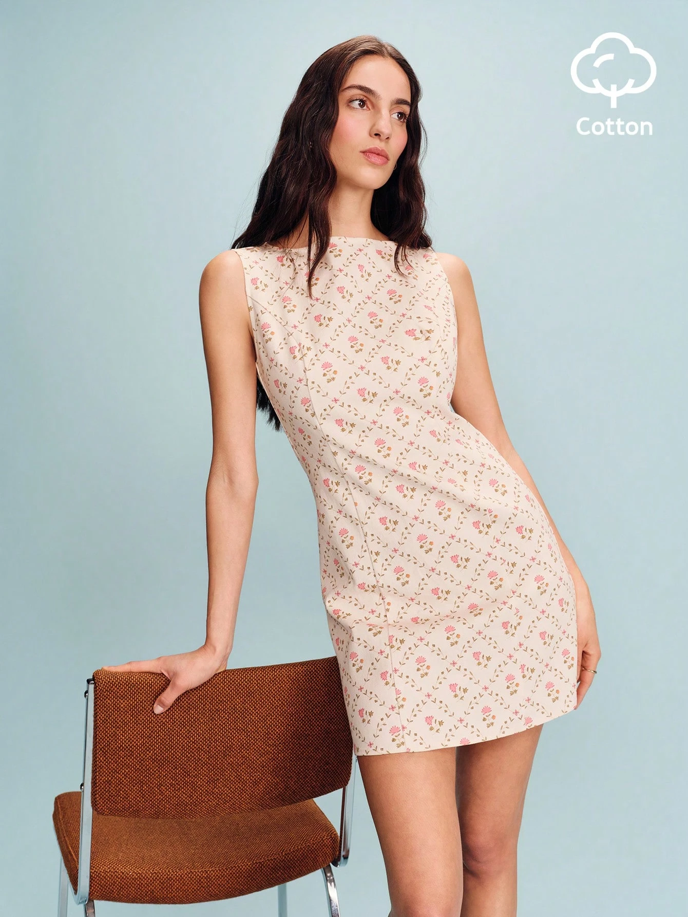 French Vintage Cream Floral Print A-Line Cream Mini Dress Spring Summer Vacation French Style Parisian Style Floral Cotton Dress Office Outfit Business Casual Dress