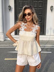 SHEIN PariChic French Cream-Apricot Tank Top With 3D Rose Lace Shoulder Sleeves,Ruffled Hem Babydoll Tops,Blue And White Stripe,Summer,Elegant,Tea Party,Holiday - Apricot - View 5