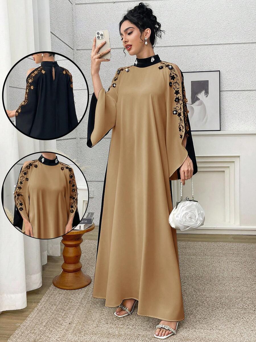 Al Najma Vestido casual de mujer con cuello alto, estilo árabe con aplicaciones - Caqui - Ver 1