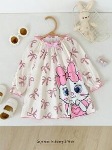 Cozy Pixies Baby Girl Bow Decor Round Neck Long Sleeve Casual Comfortable Dress - Apricot - View 3