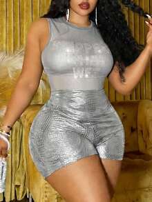 Slaydiva Quần short nữ cỡ lớn họa tiết da cá sấu, kiểu dáng thường ngày, đa năng. - Bạc - Xem 1