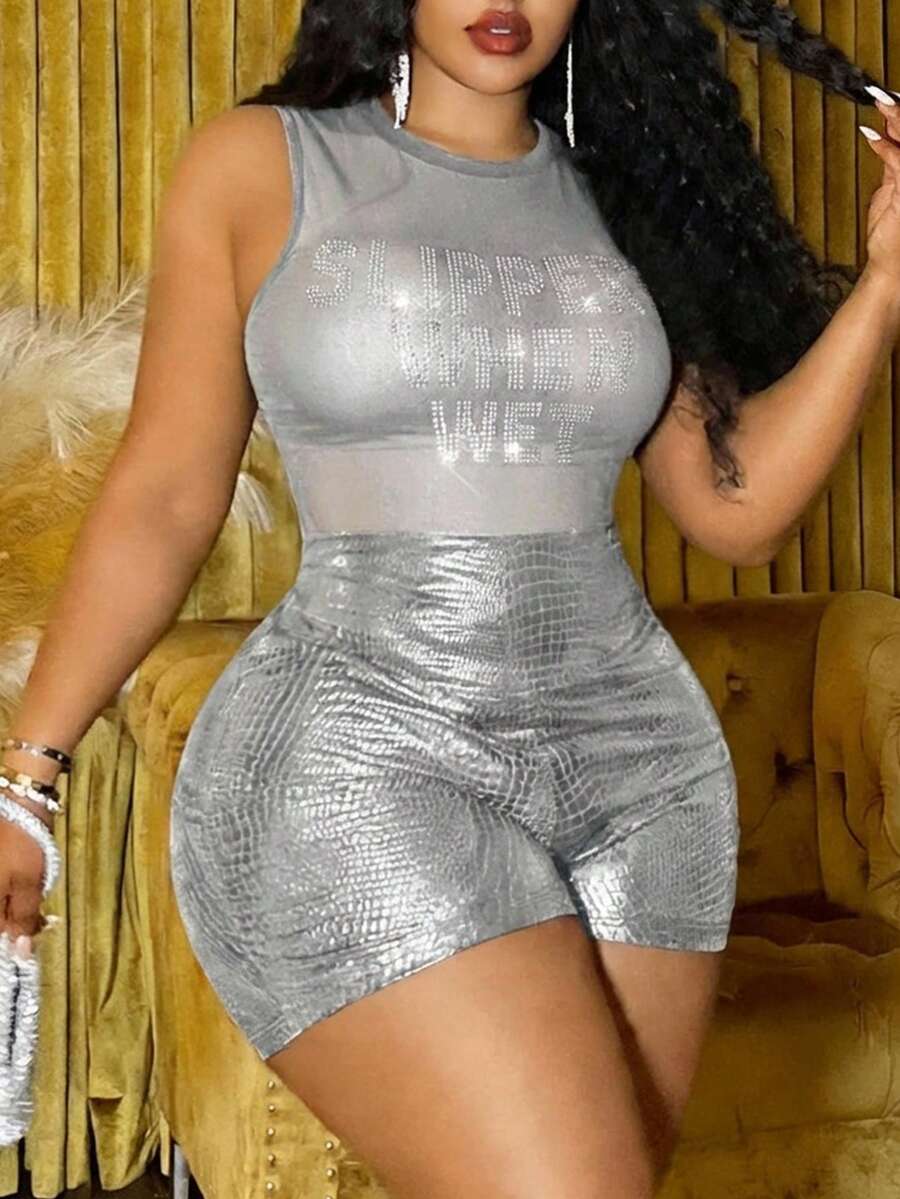 Slaydiva Quần short nữ cỡ lớn họa tiết da cá sấu, kiểu dáng thường ngày, đa năng. - Bạc - Xem 1