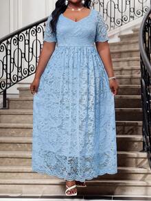 SHEIN Lady 大码优雅派对纯色纹理喇叭袖鱼尾连衣裙新年度假装优雅派对白色情人节正式礼服女士蕾丝连衣裙粉色连衣裙女士夏季连衣裙 - 藍色 - 查看 3