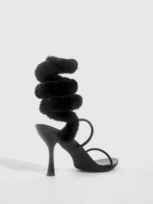 CUCCOO SZL 女士新款性感蛇纹扭结毛绒带黑色水钻高跟鞋，晚宴约会礼服细高跟凉鞋 - 黑色2 - 查看 4