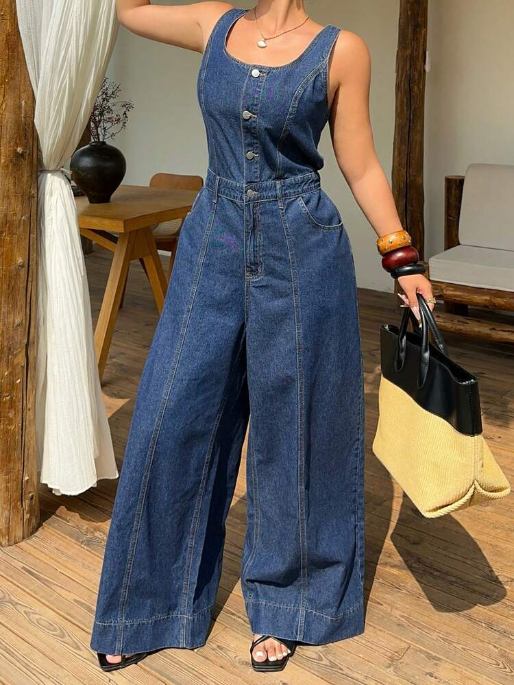 Dazy Plus Dark Wash Denim Sleeveless Jumpsuit, Vacation Style, Long Length, Spring/Summer