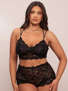 SHEIN BAE Plus Size Lace Camisole Short Pajama Sets, Sexy & Semi-Sheer - Black - View 6