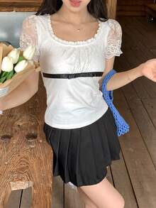 DAZY 女士蕾丝短袖优雅T恤 - 白色 - 查看 5