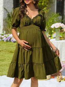 SHEIN 时尚孕妇褶皱连衣裙 - 軍綠色 - 查看 1