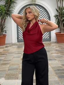 Jeta Ari 杏色垂坠领口系带简约优雅女式衬衫 - 酒紅色 - 查看 5