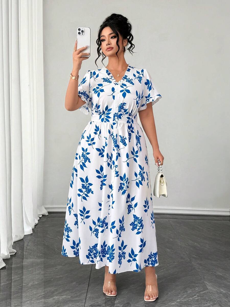 Elenzga 大码女式夏季法式复古白蓝花卉印花荷叶边V领A字连衣裙，优雅复古风，度假通勤连衣裙 - 藍白色 - 查看 1