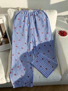 Comfortcana 女士休闲乡村度假风草莓刺绣格子印花松紧腰宽松阔腿裤 - 藍白色 - 查看 4