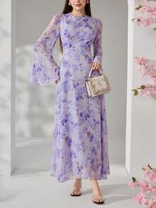 Veilorie Summer Ditsy Floral Waist Ruched Long Flare Sleeve Arabic Style Dress For Women - Purple - View 1