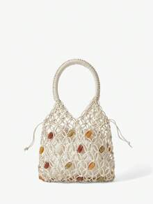 Maija 女士手提包，编织、串珠、彩色珠子，时尚、优雅、简约、个性化、百搭，适合海滩、度假、假日、夏季、海边、沙滩派对 - 米色 - 查看 1