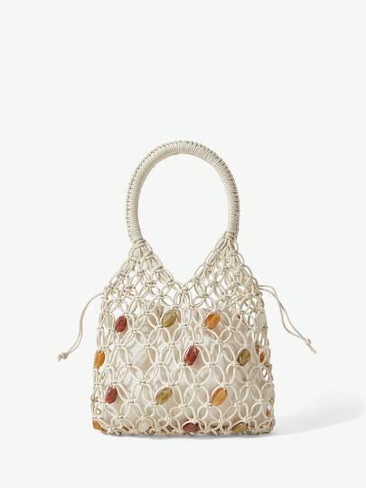 Maija Ladies, Women Top Handle Bags, Weaving, Beading, Colored Beads, Fashionable, Elegant, Simple, Personalized, Versatile, For Beach,Vacation,Holiday,Summer, Seaside,Beach Party