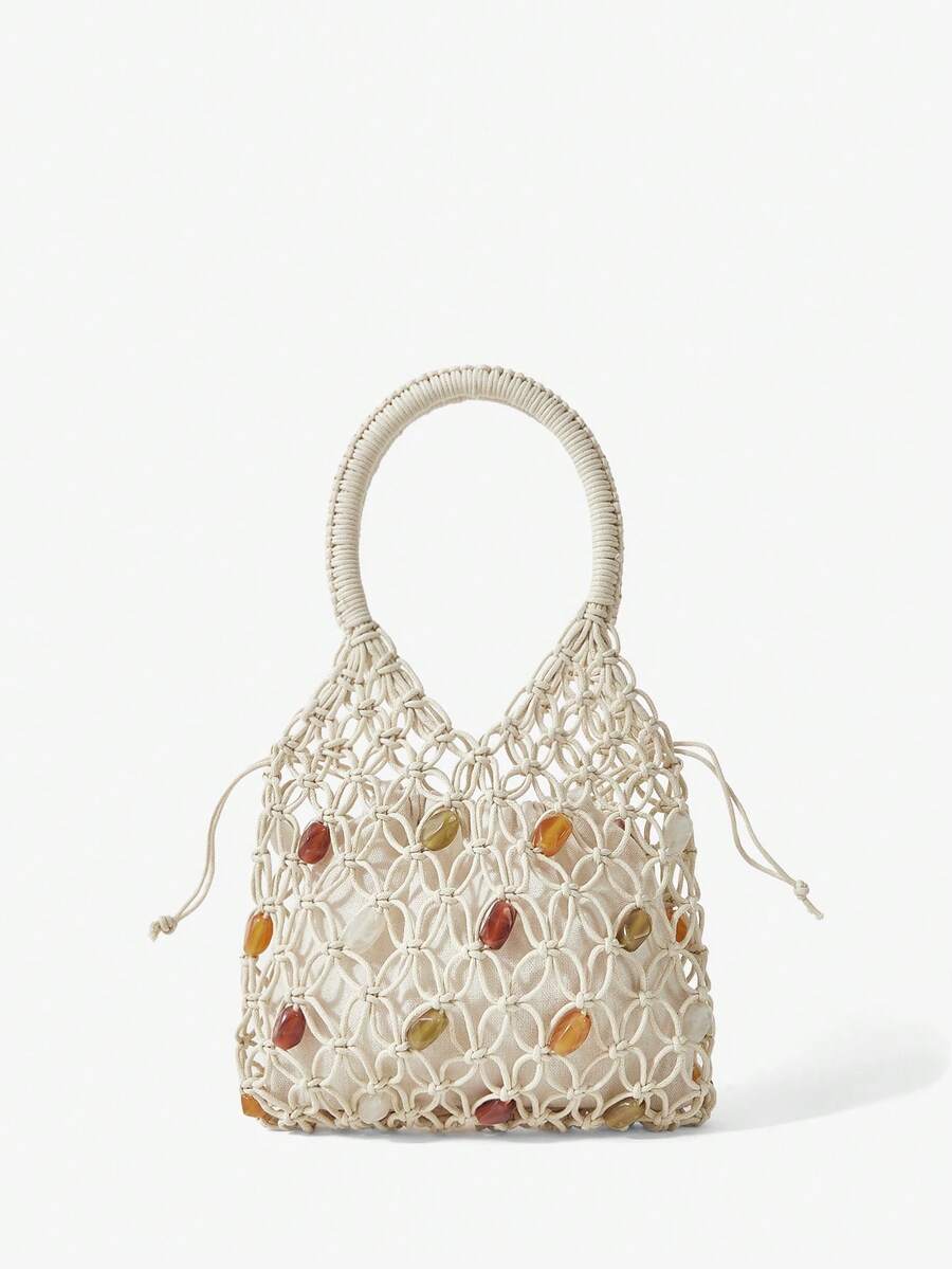 Maija 女士手提包，编织、串珠、彩色珠子，时尚、优雅、简约、个性化、百搭，适合海滩、度假、假日、夏季、海边、沙滩派对 - 米色 - 查看 1
