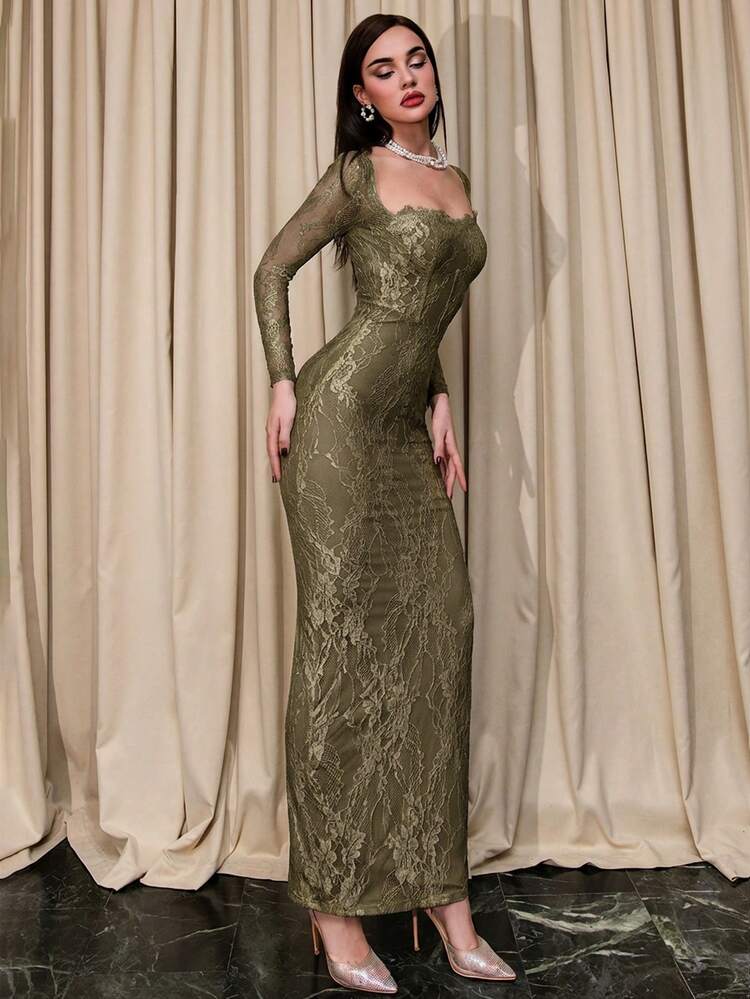 corset bodycon dress long sleeve Bris Aura Women's Autumn/Winter New Sexy S-Shaped Lace Bustier Mermaid Maxi Dress, Suitable For Party, Date, Evening,Fall Crafted in a form