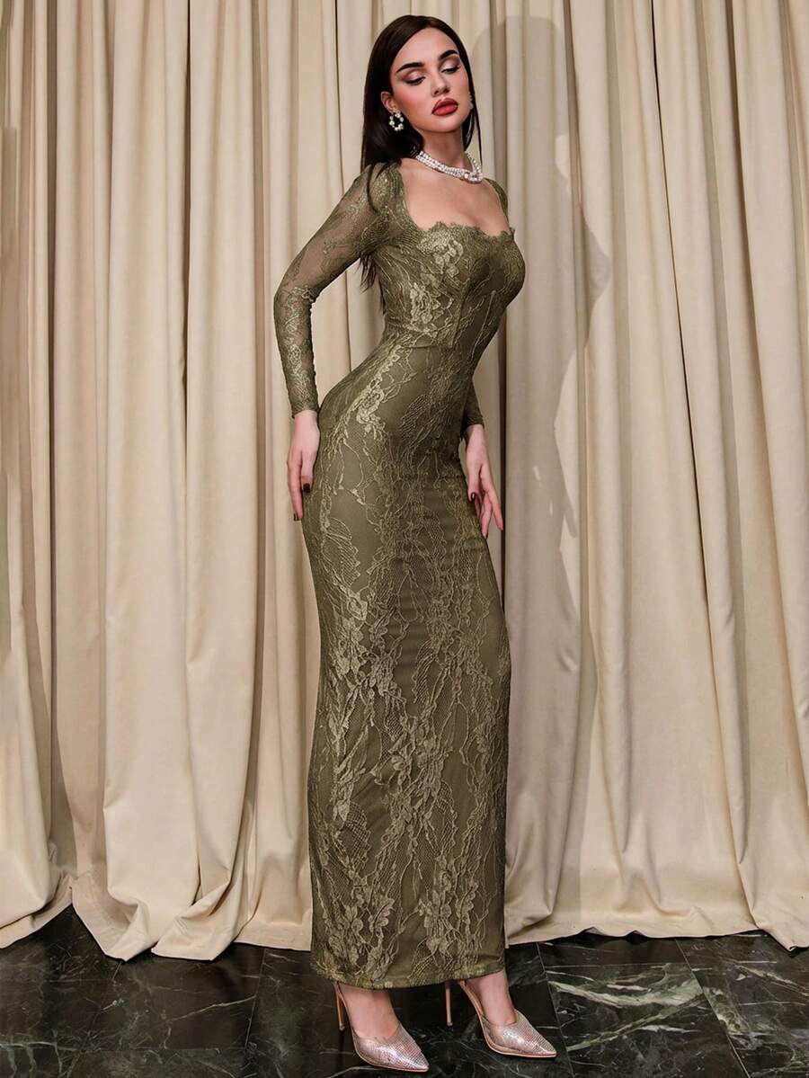 Bris Aura 女士秋冬新款性感 S 形蕾丝长袖紧身胸衣美人鱼长款紧身连衣裙，适合派对、约会、晚会 - 軍綠色 - 查看 1