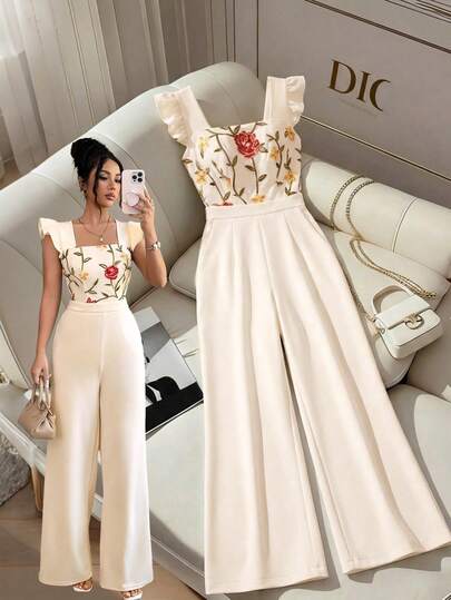 Elenzga Women's Floral Embroidery Square Collar Ruffle Hem Elegant Jumpsuit