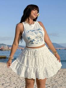 GalTyme 春夏新款休闲日常装，适合派对、音乐节、返校、毕业典礼、度假、婚礼、街头风、休闲、逛街、城市漫步等多种场合，可作外套或内搭，梭织刺绣，多层褶皱设计，宽松有衬里短裤，白色，大码半身裙 - 白色 - 查看 7