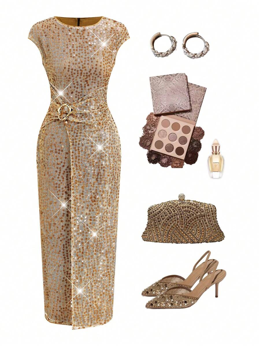 Ellevyn 女士优雅派对宴会圆领缀饰钩珠连衣裙 - 棕色 - 查看 1