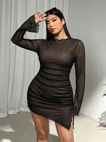 SHEIN EZwear Plus Size Asymmetrical Hem Pleated Polyester-Spandex Knit Dress - Multicolor - View 3