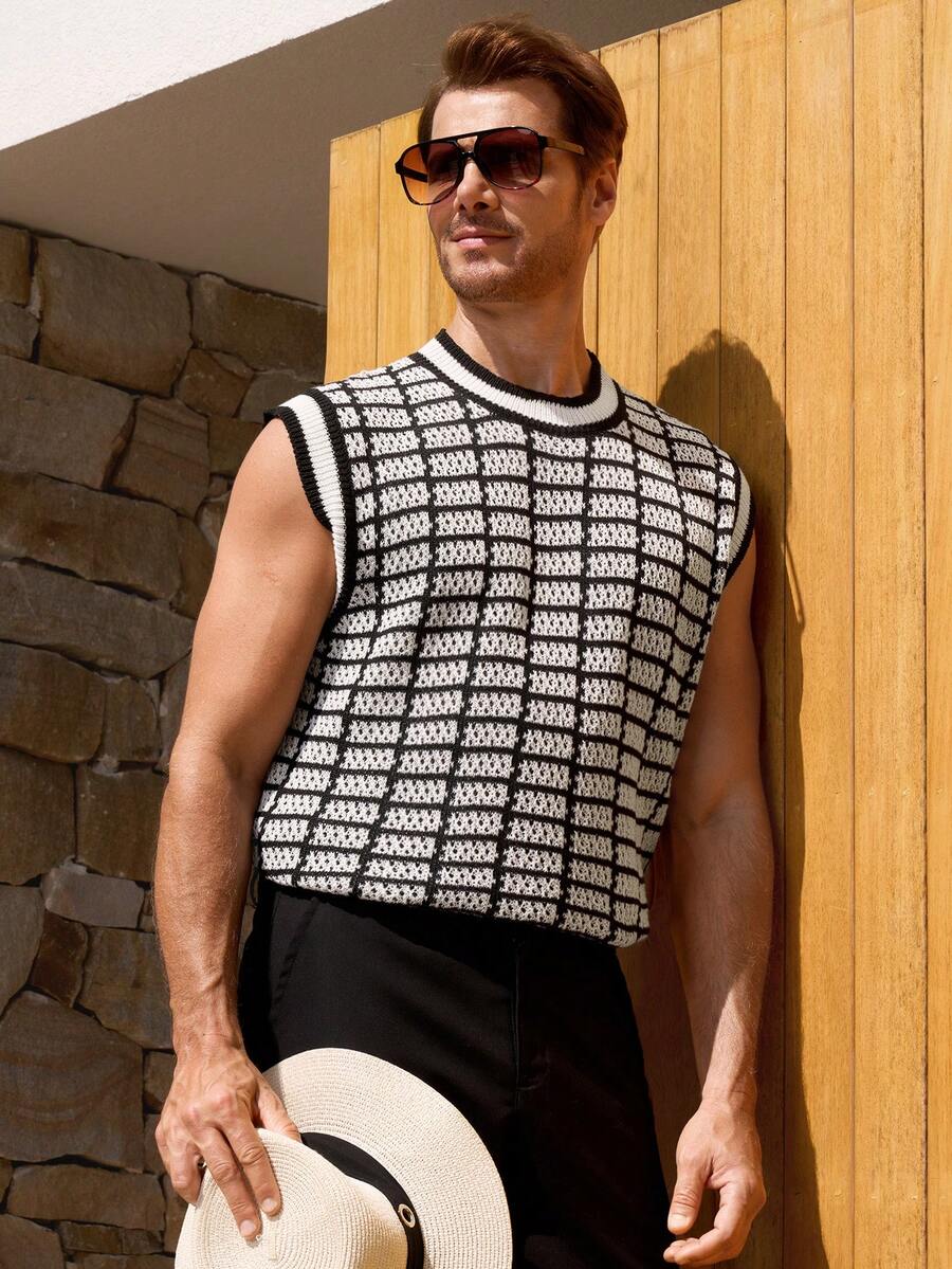 Manfinity CityGents 男士镂空针织无袖背心，春夏款 - 杏色 - 查看 1