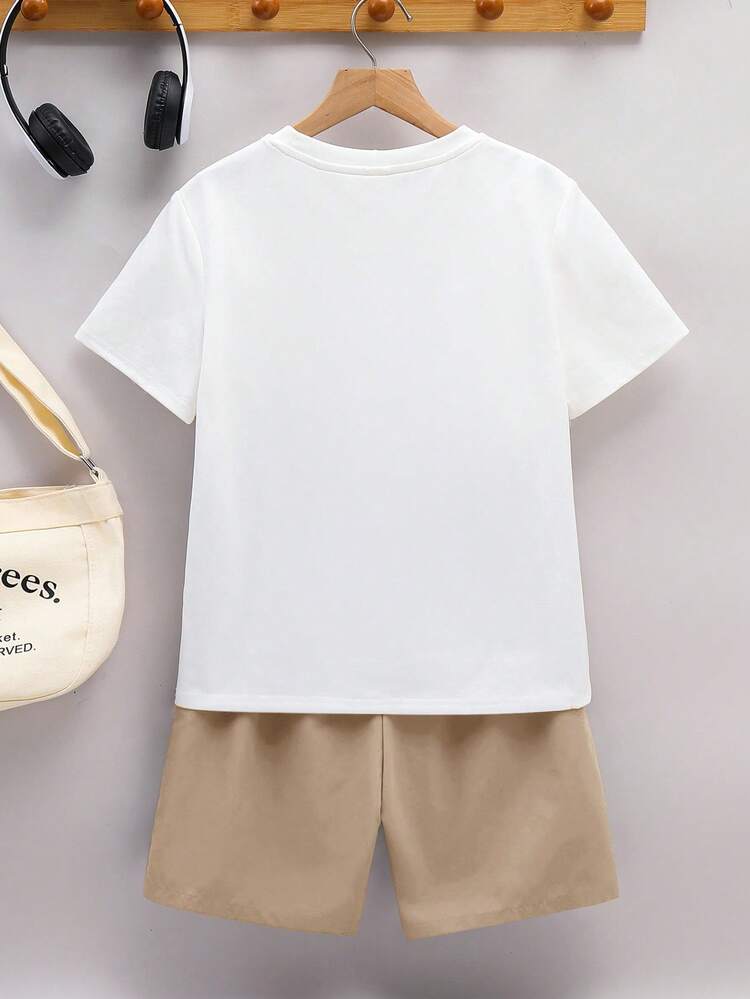 2pcs/Set Tween Boy Casual School Style Cute Pattern Round Neck T-Shirt And Shorts Set,Suitable For Commuting,Daily Wear,Sports,Spring/Summer - Khaki - View 3