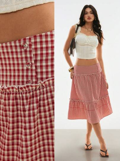 Poéselle Women's Gingham Tiered Midi Skirt – Red Check A-Line Ruffle Hem Picnic-Style Bottom For Cottagecore Summer Looks Gingham Skirt, Tiered Midi Skirt, Red Check Skirt, Cottagecore Outfit, Picnic Core Fashion, Summer A-Line Skirt Plaid Minimalist Casual Skirt  Summer Skirt  Beach Outfit Red Skirt Picnic Outfit Women Country Skirt Womens Summer Skirt Checkered Skirt Plaid Skirt Women Womens Skirts Summer