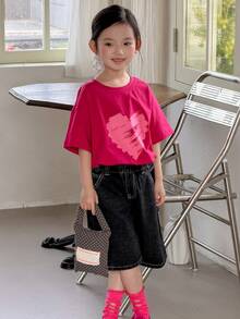 DAZY Kleine Mädchen Rundhals Einfarbiges Casual T-Shirt mit Herz Grafik Kurzarm für den Sommer - Heißes Pink - Übersicht 5