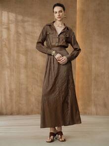 Arave Women's Woven Cotton Blend Metallic Silver Thread Fabric Shirt Collar Small Drop Shoulder Long Sleeve Cinched Waist Full Button Design Casual Long Dress - Coffee Brown - View 7