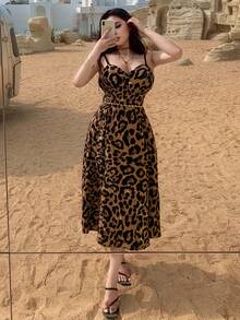 DAZY Women's Elegant Leopard Print Sleeveless Mid-Length Dress, Summer,Wedding Guest Dress Women Sundress - Coffee Brown - View 5