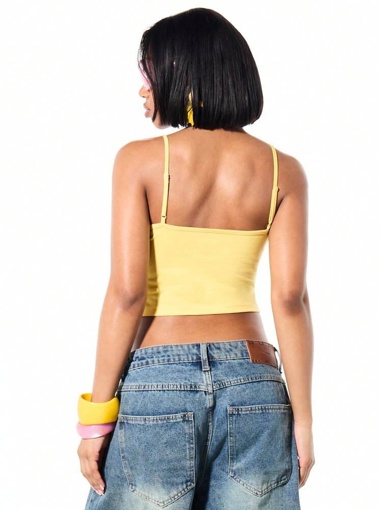 SUMWON Women's Summer Tropical Resort Cami Tank Top With Floral Print And Thin Straps Yellow Crop Style