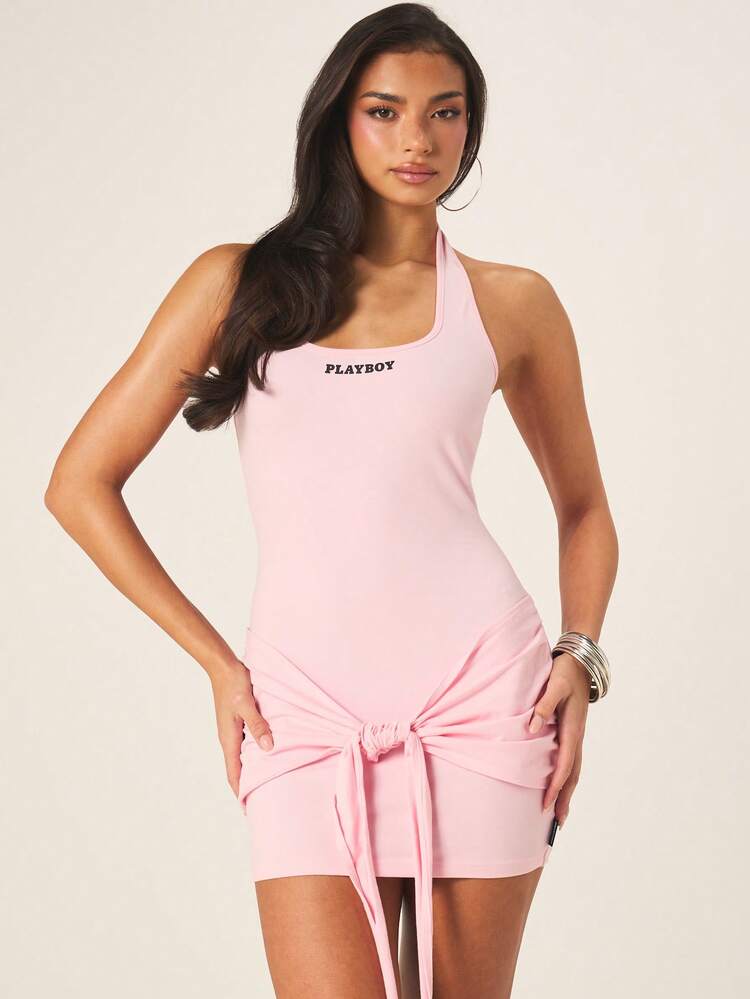 Missguided x Playboy Halter Neck Ruched Panel Mini Dress With Tie Detail And Logo Print For Party Casual Summer Occasions