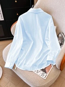 INAWLY Hong Kong Style Sweet Drawstring Design Embroidered Horse Polo Collar Long Sleeve Asymmetrical Shirt, New Arrival Autumn - Blue - View 2